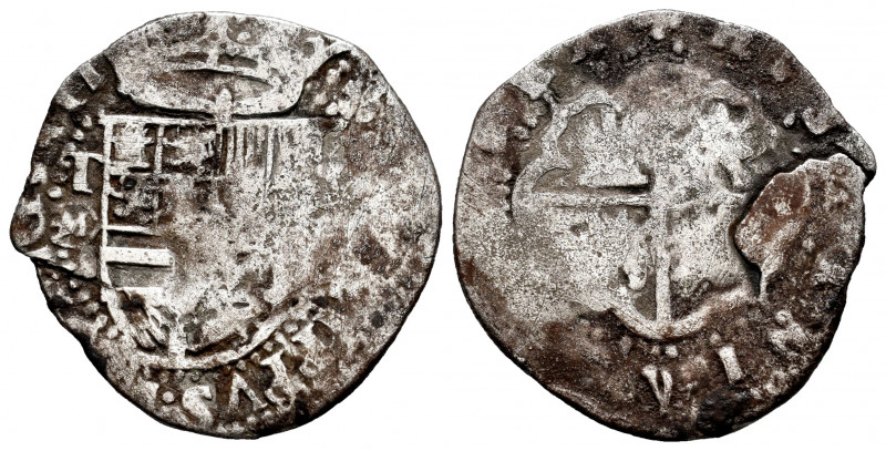 Philip II (1556-1598). 1 real. Toledo. M. (Cal-278). Ag. 3,11 g. Metal defect. F...