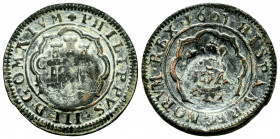 Philip III (1598-1621). 4 maravedis. 1601. Segovia. (Cal-361). Ae. 6,23 g. Countermark of VIII maravedís of Cuenca. Almost VF. Est...20,00. 


 SPA...