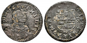 Philip IV (1621-1665). 16 maravedis. 1660. Madrid. A. (Cal-465). Ae. 4,38 g. Date on obverse. Mintmark MD below the shield. Rare. Choice F. Est...50,0...