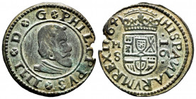 Philip IV (1621-1665). 16 maravedis. 1664. Madrid. S. (Cal-480). (Jarabo-Sanahuja-M389). Ae. 4,12 g. Striking defect. Choice VF. Est...25,00. 


 S...