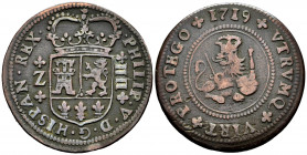 Philip V (1700-1746). 4 maravedis. 1719. Zaragoza. (Cal-101). Ae. 8,01 g. Almost VF. Est...40,00. 


 SPANISH DESCRIPTION: Felipe V (1700-1746). 4 ...