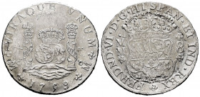 Ferdinand VI (1746-1759). 8 reales. 1759. México. MM. (Cal-495). Ag. 26,53 g. Used as a jewelry piece. Cleaning scratches in obverse. VF/Almost VF. Es...