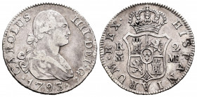 Charles IV (1788-1808). 2 reales. 1793. Madrid. MF. (Cal-600). Ag. 5,80 g. Almost VF. Est...30,00. 


 SPANISH DESCRIPTION: Carlos IV (1788-1808). ...