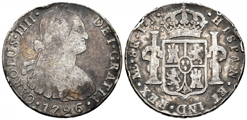 Charles IV (1788-1808). 8 reales. 1796. Lima. IJ. (Cal-913). Ag. 26,14 g. Knocks...