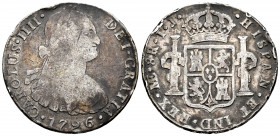 Charles IV (1788-1808). 8 reales. 1796. Lima. IJ. (Cal-913). Ag. 26,14 g. Knocks. Choice F. Est...50,00. 


 SPANISH DESCRIPTION: Carlos IV (1788-1...