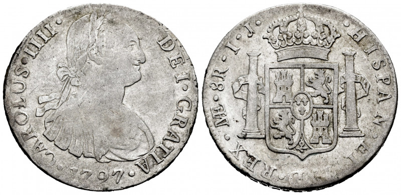 Charles IV (1788-1808). 8 reales. 1797. Lima. IJ. (Cal-915). Ag. 26,35 g. Knocks...