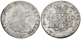 Charles IV (1788-1808). 8 reales. 1797. Lima. IJ. (Cal-915). Ag. 26,35 g. Knocks. Choice F. Est...50,00. 


 SPANISH DESCRIPTION: Carlos IV (1788-1...