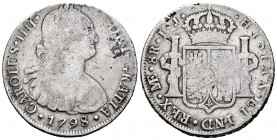 Charles IV (1788-1808). 8 reales. 1798. Lima. IJ. (Cal-916). Ag. 25,50 g. F. Est...35,00. 


 SPANISH DESCRIPTION: Carlos IV (1788-1808). 8 reales....