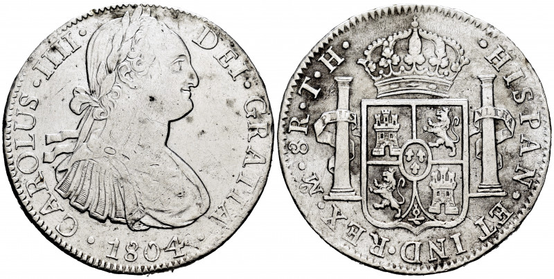 Charles IV (1788-1808). 8 reales. 1804. México. TH. (Cal-980). Ag. 26,74 g. Trac...