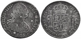 Charles IV (1788-1808). 8 reales. 1805. México. TH. (Cal-983). Ag. 26,67 g. Hairlines on obverse. Graffiti on obverse. Almost VF. Est...60,00. 


 ...