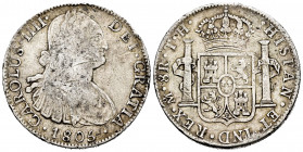 Charles IV (1788-1808). 8 reales. 1805. México. TH. (Cal-983). Ag. 26,70 g. Nicks on edge. Choice F. Est...35,00. 


 SPANISH DESCRIPTION: Carlos I...