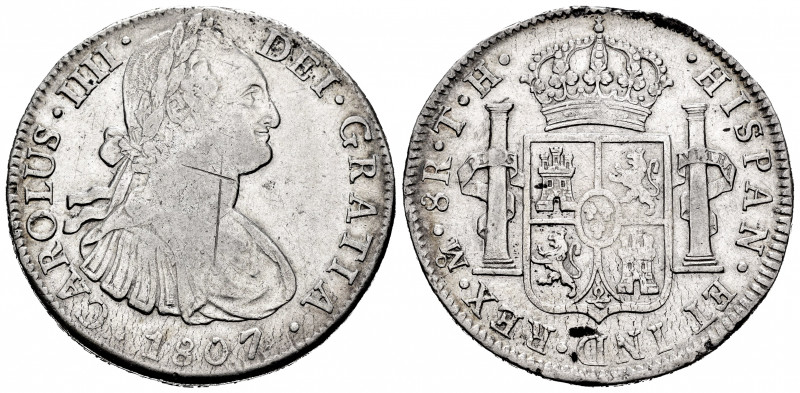 Charles IV (1788-1808). 8 reales. 1807. México. TH. (Cal-986). Ag. 26,88 g. Scra...