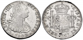 Charles IV (1788-1808). 8 reales. 1807. México. TH. (Cal-986). Ag. 26,88 g. Scratches on obverse. Cleaned. Choice F. Est...40,00. 


 SPANISH DESCR...