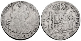 Charles IV (1788-1808). 8 reales. 1808. Potosí. PJ. (Cal-1014). Ag. 26,62 g. F. Est...35,00. 


 SPANISH DESCRIPTION: Carlos IV (1788-1808). 8 real...