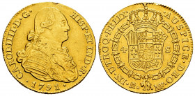 Charles IV (1788-1808). 4 escudos. 1791. Madrid. MF. (Cal-1474). Au. 13,42 g. Repaired welding on edge at 12 o´clock. Metal test. Almost VF/VF. Est......