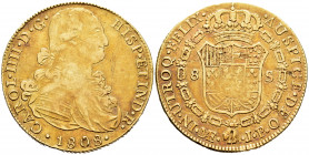 Charles IV (1788-1808). 8 escudos. 1808. Lima. JP. (Cal-1616). (Cal onza-1007). Au. 26,94 g. Traces of mounting. Scratches on obverse. Almost VF/VF. E...