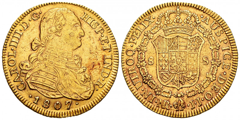 Charles IV (1788-1808). 8 escudos. 1807. Santa Fe de Nuevo Reino. JJ. (Cal-1748)...
