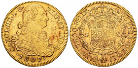 Charles IV (1788-1808). 8 escudos. 1807. Santa Fe de Nuevo Reino. JJ. (Cal-1748). (Cal onza-1147). Au. 27,03 g. Some little marks. Tone. XF. Est...160...