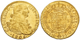 Charles IV (1788-1808). 8 escudos. 1808. Santa Fe de Nuevo Reino. JJ. (Cal-1749). (Cal onza-1149). (Restrepo-97-40a). Au. 26,91 g. Choice VF. Est...13...