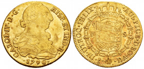 Charles IV (1788-1808). 8 escudos. 1790. Santiago. DA. (Cal-1752). (Cal onza-1152). Au. 26,96 g. Bust of Charles III and Ordinal IV. Delicate patina. ...