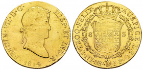 Ferdinand VII (1808-1833). 8 escudos. 1814. Lima. JP. (Cal-1761). (Cal onza-1220). Au. 26,71 g. Repaired welding on obverse. VF/Choice VF. Est...1200,...