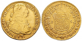 Ferdinand VII (1808-1833). 8 escudos. 1817. Popayán. FM. (Cal-1821). (Cal onza-1298). (Restrepo-128-29). Au. 26,95 g. Bust of Charles IV. Planchet fla...