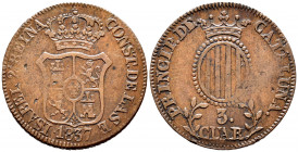 Elizabeth II (1833-1868). 3 quartos. 1837. Cataluña. (Cal-5). Ae. 7,46 g. Almost VF. Est...25,00. 


 SPANISH DESCRIPTION: Isabel II (1833-1868). 3...