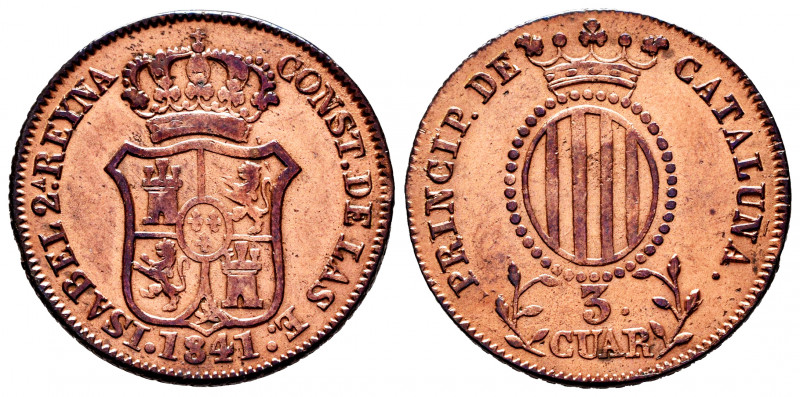 Elizabeth II (1833-1868). 3 quartos. 1841. Barcelona. (Cal-9). Ae. 7,03 g. Clean...