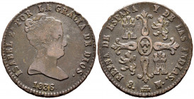 Elizabeth II (1833-1868). 8 maravedis. 1836. Segovia. (Cal-122). Ae. 10,49 g. Value on reverse. Scarce. Choice F/Almost VF. Est...35,00. 


 SPANIS...