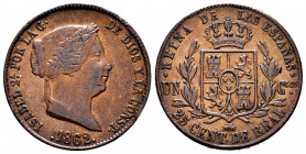 Elizabeth II (1833-1868). 25 centimos de real. 1862. Segovia. (Cal-195). Ae. 9,57 g. Nicks on edge. Almost VF. Est...25,00. 


 SPANISH DESCRIPTION...