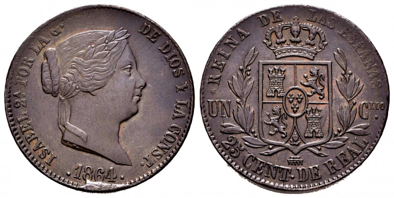 Elizabeth II (1833-1868). 25 centimos de real. 1864. Segovia. (Cal-197). Ae. 9,1...