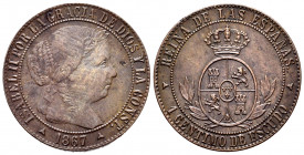 Elizabeth II (1833-1868). 1 centimo de escudo. 1867. Segovia. (Cal-234). Ae. 2,45 g. Without OM. Choice VF. Est...90,00. 


 SPANISH DESCRIPTION: I...
