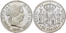 Elizabeth II (1833-1868). 20 reales. 1860. Madrid. (Cal-617). Ag. 25,92 g. Knock on edge. Choice VF. Est...100,00. 


 SPANISH DESCRIPTION: Isabel ...