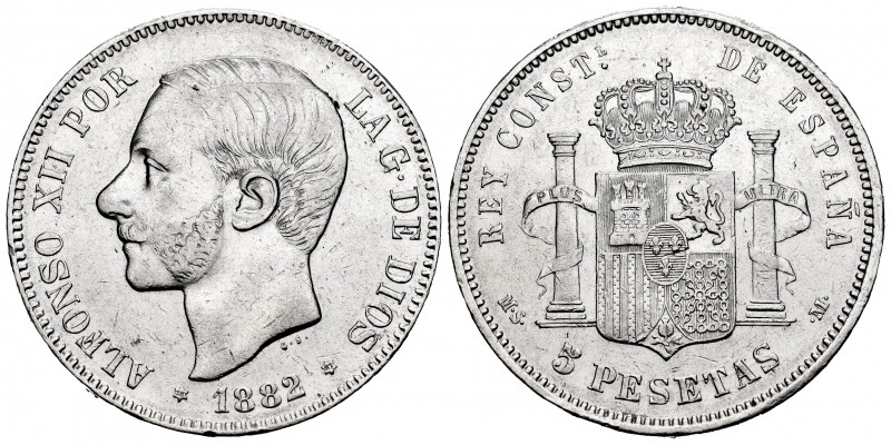 Alfonso XII (1874-1885). 5 pesetas. 1882/1*18-82. Madrid. MSM. (Cal-47). Ag. 24,...