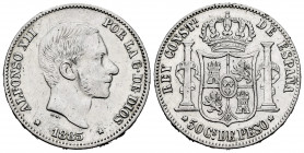 Alfonso XII (1874-1885). 50 centavos. 1885. Manila. (Cal-124). Ag. 12,93 g. Cleaned. Choice VF. Est...25,00. 


 SPANISH DESCRIPTION: Alfonso XII (...