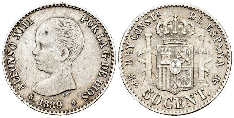 Alfonso XIII (1886-1931). 50 centimos. 1889*8-9. Madrid. MPM. (Cal-27). Ag. 2,49...