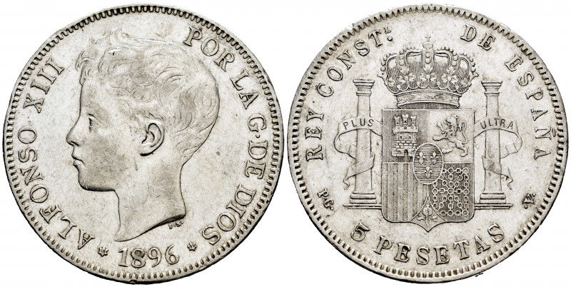 Alfonso XIII (1886-1931). 5 pesetas. 1896*18-96. Madrid. PGV. (Cal-106). Ag. 24,...