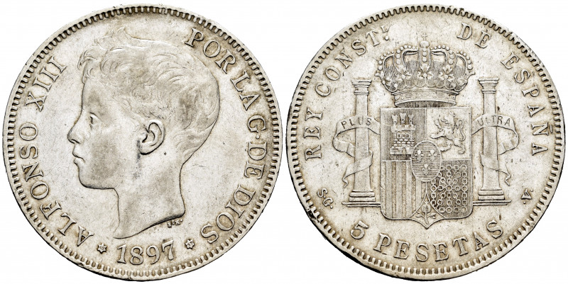 Alfonso XIII (1886-1931). 5 pesetas. 1897*18-97. Madrid. SGV. (Cal-107). Ag. 24,...