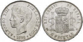 Alfonso XIII (1886-1931). 5 pesetas. 1898*18-98. Madrid. SGV. (Cal-109). Ag. 24,85 g. VF. Est...30,00. 


 SPANISH DESCRIPTION: Alfonso XIII (1886-...