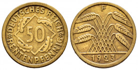 Germany. 50 rentenpfennig. 1923 F. (Km-34). Ae. 5,08 g. Choice VF. Est...50,00. 


 SPANISH DESCRIPTION: Alemania. 50 rentenpfennig. 1923 F. (Km-34...