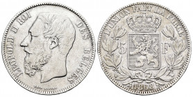 Belgium. Leopold II. 5 francs. 1868. Brussels. (Km-24). Ag. 24,87 g. Almost VF/VF. Est...40,00. 


 SPANISH DESCRIPTION: Bélgica. Leopoldo II. 5 fr...