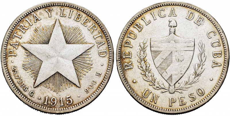 Cuba. 1 peso. 1915. (Km-15.2). Ag. 26,36 g. Cleaned. VF. Est...25,00. 


 SPA...