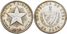 Cuba. 1 peso. 1915. (Km-15.2). Ag. 26,36 g. Cleaned. VF. Est...25,00. 


 SPANISH DESCRIPTION: Cuba. 1 peso. 1915. (Km-15.2). Ag. 26,36 g. Limpida....