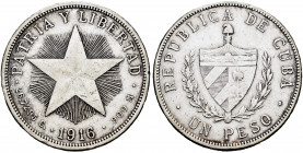Cuba. 1 peso. 1916. (Km-15.2). Ag. 26,59 g. Minor nicks on edge. Cleaned. VF. Est...30,00. 


 SPANISH DESCRIPTION: Cuba. 1 peso. 1916. (Km-15.2). ...