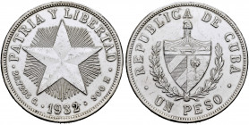 Cuba. 1 peso. 1932. (Km-15.2). Ag. 26,62 g. Polished. Choice VF. Est...30,00. 


 SPANISH DESCRIPTION: Cuba. 1 peso. 1932. (Km-15.2). Ag. 26,62 g. ...