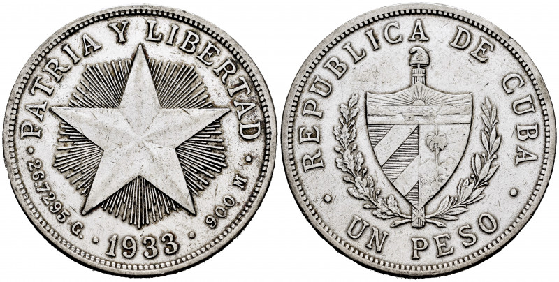 Cuba. 1 peso. 1933. (Km-15.2). Ag. 26,61 g. Cleaned. Choice VF. Est...30,00. 
...