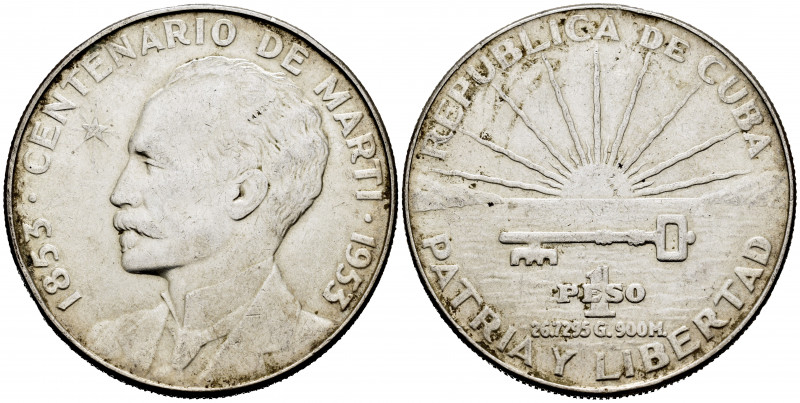 Cuba. 1 peso. 1953. (Km-29). Ag. 26,73 g. Centennial of Jose Marti. Almost XF. E...