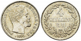 Denmark. Frederik VII. 4 skilling. 1854. FF. (Km-758.1). Ag. 1,93 g. Almost XF. Est...25,00. 


 SPANISH DESCRIPTION: Dinamarca. Frederik VII. 4 sk...
