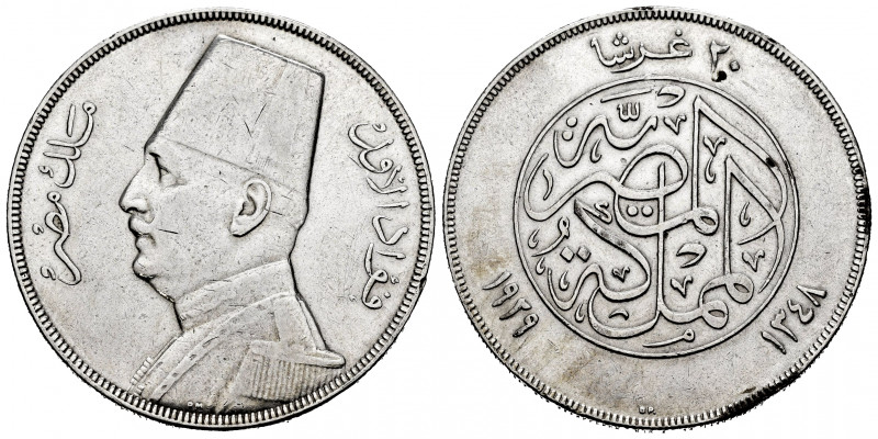 Egypt. Fuad I. 20 piastres. 1348 H - 1929. (Km-352). Ag. 27,98 g. Slightly clean...
