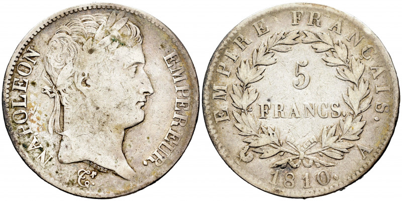 France. Napoleon Bonaparte. 5 francs. 1810. Paris. A. (Km-694.1). (Gad-584). Ag....